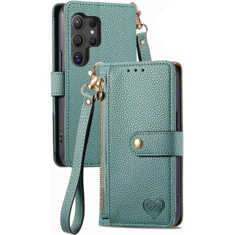 Vert - Coque Portefeuille pour Samsung Galaxy S25 Motif coeur litchi Pochette Housse de Protection en Cuir PU avec Cordon (1/5)