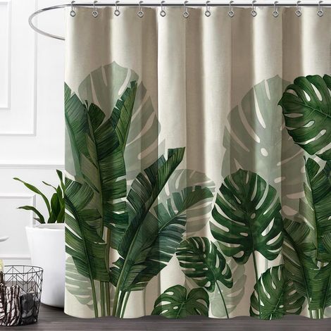Rideau De Douche - Lin - Feuille De Monstera - 180 x 180 cm - Imperméable - 12 Oeillets Métalliques - Pour Baignoire (1/5)