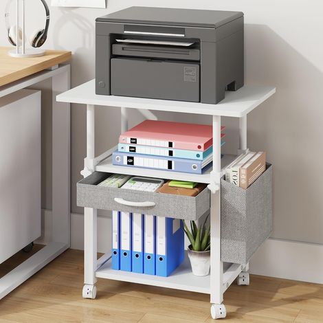 Meuble Imprimante 3 Niveaux, Support Bureau avec roulettes, Blanc (1/5)