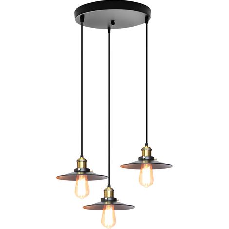3-Flammige Pendelleuchte Vintage Ø22cm Lampenschirm aus Eisen Hängelampe E27 Höhenverstellbar für Küche Wohnzimmer Esszimmer -Schwarz (Runde Basis)