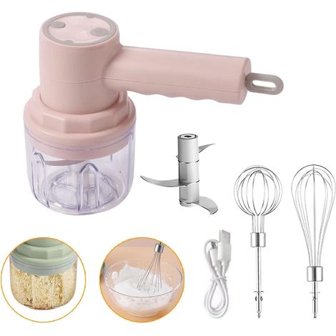 Hachoir à ail électrique 3 en 1, batteur à œufs, mélangeur à lait, appareil de cuisine portable rechargeable par USB avec accessoires amovibles, rose FX. (1/2)