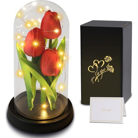 Künstliche Tulpe in Glaskuppel mit LED-Licht, Ewige Blume als Geschenk für Frauen (1/5)