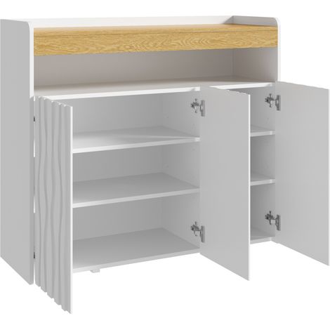 Zapatero blanco y natural de 3 puertas con diseño ondulado y estante abierto (1/5)