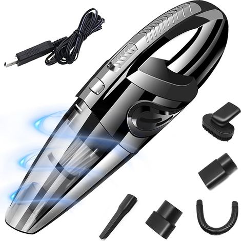Aspiradora de mano inalámbrica para coche, portátil, de alta potencia, para uso en seco y húmedo, ligera, recargable por USB, con bolsa de 0,45 l, para coche, escaleras y pelo de mascotas (negra y pla (1/5)