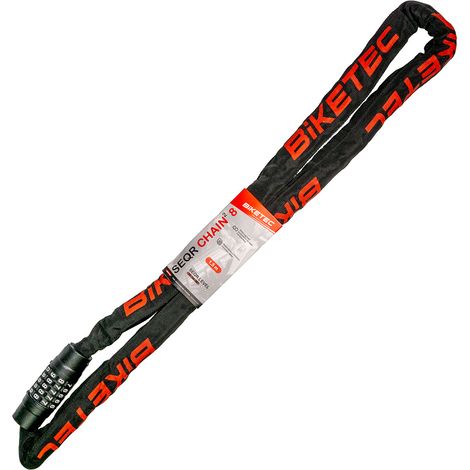 Cadena BIKETEC SEQR CP de 1,5 m, malla de 8 mm, candado de combinación de 5 dígitos, cubierta negra.
