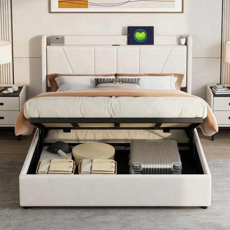 Lit Coffre 160x200 avec Type-C et USB,Lit Double Rembourré avec Sommier à Lattes,Lits Hydraulique Capitonné avec Rangement, Lin,Beige (1/5)