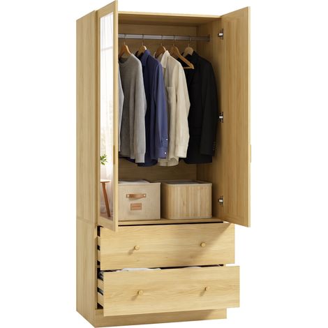Armoire chambre penderie avec miroir, 2 portes, 2 tiroirs et barre de suspension, 80 x 50 x 180 cm, chêne (1/5)