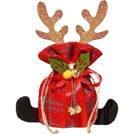 Sac à pommes de Noël, sac cadeau pour la veille de Noël, sac cadeau pour enfants - bois de renne, petites clochettes, motif écossais rouge et gris (1/2)