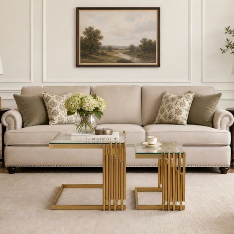 Ensemble de 2 tables d'appoint carrées modernes pour salon : petite table d'appoint dorée avec plateau en verre trempé transparent et pieds en acier inoxydable doré, idéale pour la chambre, le canapé (1/4)