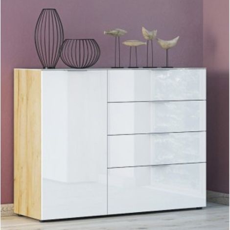 Bahut Dudek 134cm avec 4 tiroirs &amp 1 porte - blanc/chêne (1/5)