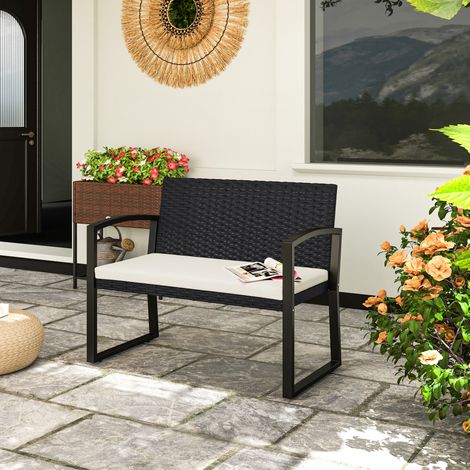 Banc en rotin synthétique pour 2 personnes, 103 x 58 x 78 cm, avec coussin, dossier incliné et structure en acier galvanisé. (1/5)