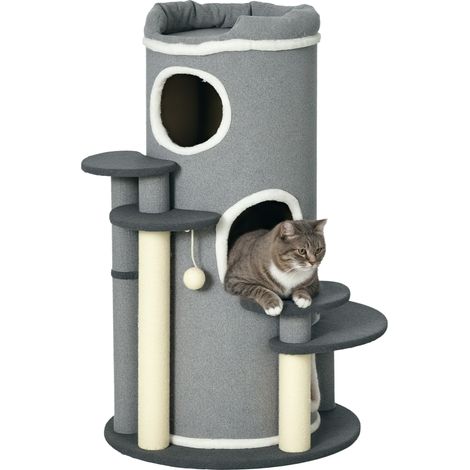 Arbre à chat avec tonneau à griffer, deux niches, quatre espaces de repos et quatre poteaux abrasifs, 57 x 57 x 99 cm, gris et blanc