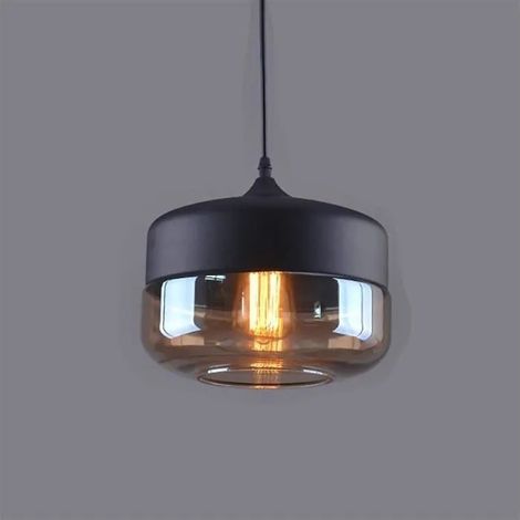 Lustre Verre Industrielle Noir Cylindre Aplatie Style Retro Plafonnier Eclairage Plafond Abat-jour Luminaire E27 (1/4)