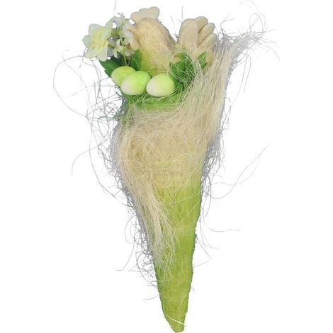 Gallo con uova in un bozzolo di sisal, decorazione pasquale da appendere, verde. (1/3)