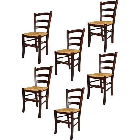 Tommychairs - Set 6 chaises VENEZIA pour cuisine, bar et salle Ã  manger, robuste structure en bois de hÃªtre peindrÃ© en couleur noyer foncÃ© et assise en paille