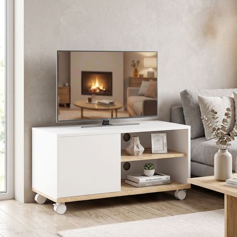 Meuble TV sur roulettes à freins blanc et chêne équipé d’une armoire et étagère ajustable, mobilier flexible et confortable pour salon (1/4)