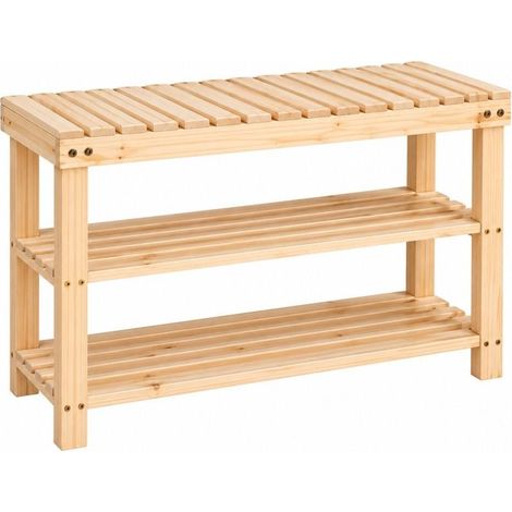 Banc Étagère à Chaussures en Bois de Sapin Naturel à 3 Niveaux à Lattes-Longueur 71 x Profondeur 26 x Hauteur 45 cm (1/4)