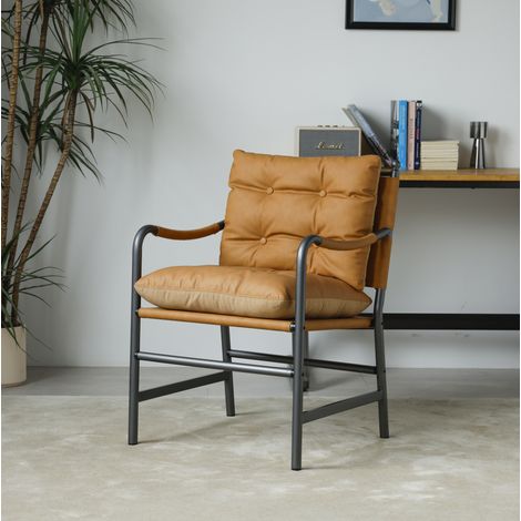 Fauteuil en cuir marron avec structure en métal noir, style Mid-Century Modern (1/5)