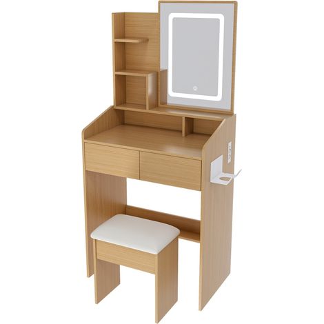 Coiffeuse compacte en bois avec miroir LED réglable, porte-sèche-cheveux et tabouret rembourré – 60x36x130 cm (1/5)