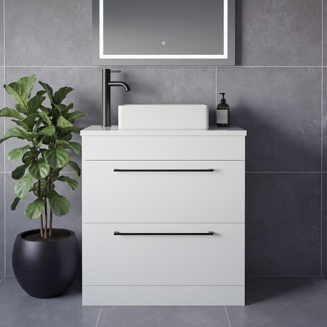 Napoli 390 Gloss White 800mm 2 Drawer Vanity Unit for Countertop Basins - 800mm - Matt Black 480mm Handle