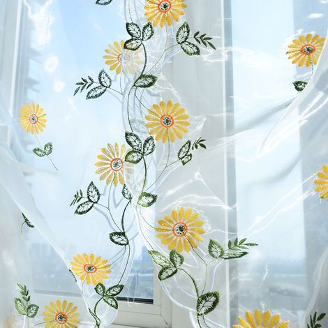 Rideaux en tulle à motif chrysanthème, voilage transparent pour la décoration de fenêtre du salon (80 x 200 cm) (1/5)