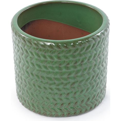 Maceta de Cerámica Verde Oliva Ø24,5 cm con Relieve de Espiga y Orificio de Drenaje (1/5)