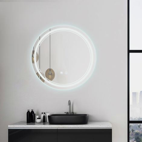 Silberner Spiegel, 2,5 × 60 × 60 cm, runder LED-Schminkspiegel mit hoher Auflösung und zwei Lichtquellen, stufenlose Dimmung in drei Farben + Antibeschlag-Funktion mit Dual-Touch-Bedienung, nach europ (1/5)