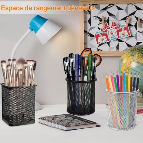 2 pots à crayons en métal mesh multifonction. Design rond et élégant pour organisation bureau et maison. Couleur noir sobre. (1/4)