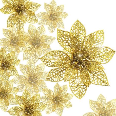 QAZQA 30 Pièces Poinsettia à Paillettes De Noël, 7,5/10 /15cm Ornement d'arbre De Noël Ornement De Décoration De Fleurs De Noël pour Guirlande De Couronnes (Or)