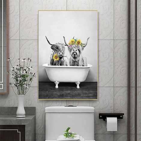 [30  40 Cm] Impression Sans Cadre Rtro Noir Et Blanc Cratif Animal Yak Baignoire Toile Peinture Suspendue Salle De Bain Toilette Cadre Intrieur Pe (1/5)