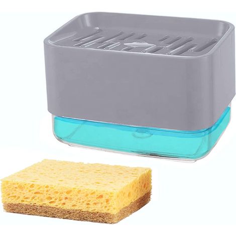 Distributeur de Savon Liquide en Plastique avec Porte-éponge Éponge Incluse pour Évier de Cuisine (Nouveau Gris) (1/5)