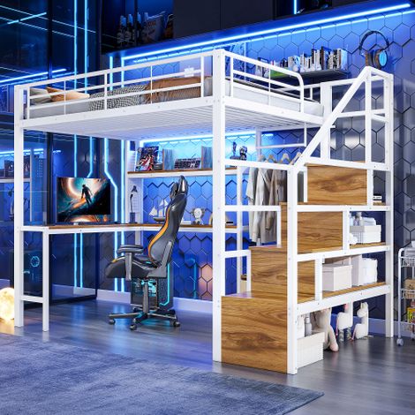 Lit mezzanine 140 x 200 cm en fer - 2 tiroirs - Tringle à vêtements - Éclairage LED - Bureau - blanc (matelas non inclus)