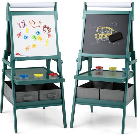 COSTWAY 3 en 1 Chevalet d'Art Enfant avec Tableau Noir & Blanc Magnétique, Tableau Enfant Double Face avec Rouleau de Papier & 2 Bacs en Tissu, 3 Pots de Peinture pour Garçon Fille de 3-6 Ans (Vert) (1/5)