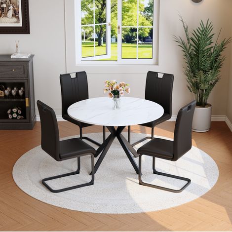 Conjunto de comedor, mesa redonda con efecto mármol blanco, sillas modernas de PU, MDF, metal, negro y blanco (1/5)