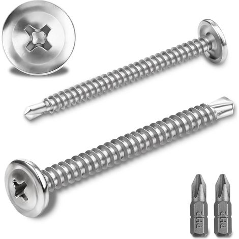 80 Pcs Vis Autoforeuse Metal 410 Vis Autoforeuse Inox 4.2x50MM Autoperforante Phillips à Tête Fraisée pour Acier Autoperceuse à Tête Ronde Autoperceuse avec 2 Forets (Argent) (1/5)