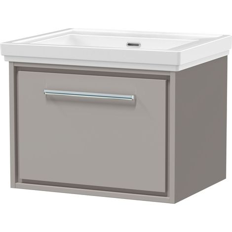 Balterley Longnor Modern Wall Hung Single Drawer Bathroom Vanity with Fireclay Basin, Pebble Grey, 600mm
