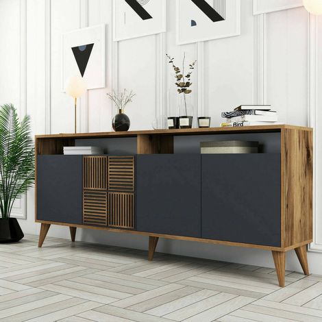 Dmora - Consola Dpogg, Mesa multiusos, Gabinete de soporte, Escritorio de pasillo, 180x35h79 cm, Nogal y Antracita (1/5)