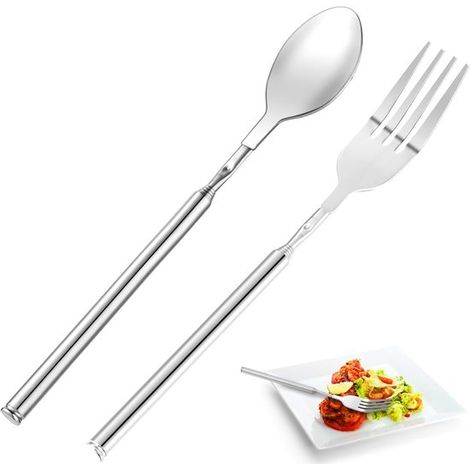 Set di posate da 2 pezzi: forchetta da tavola, cucchiaio, forchetta allungabile per barbecue, cene, frutta e dessert, 22 cm 64,5 cm, argento (1/5)