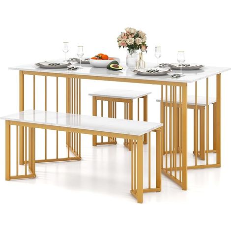 COSTWAY Set Tavolo da Pranzo a 4 Posti, Tavolo da Pranzo Rettangolare con Panca e 2 Sgabelli, con Gambe in Metallo Alate, per Cucina, Soggiorno, Sala da Pranzo, 150 x 80 x 75 cm (1/5)
