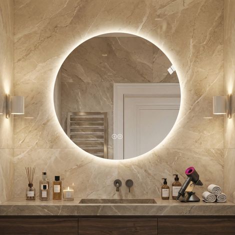 Miroir de salle de bain LED rond 80 cm, antibuée, 3 couleurs de lumière, verre argenté