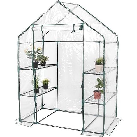 GOPLUS Serre de Jardin avec Couverture en PVC, 4 Etagères pour Plantes et Porte à Glissière, 143 x 73 x 195 cm, Transparent (1/4)