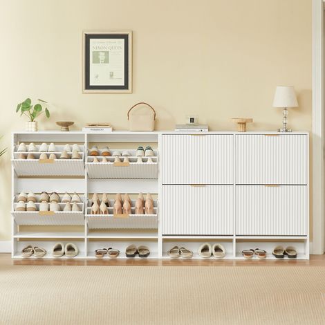 Meuble à chaussures 120 x 24 cm avec façade rainurée – réglable en hauteur avec dispositif anti-basculement et table décorative pour l'entrée, en blanc (1/4)