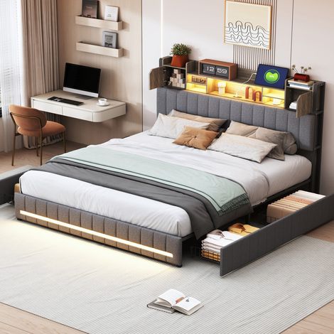 Lit Double 140x190cm, Lit Rembourré 140x190 avec LED et USB, Tete de Lit avec Rangement, Lit 2 Personnes avec 4 Tiroirs Coulissants, Lit pour Adolescent avec Sommier à Lattes, Lin, Gris (1/5)