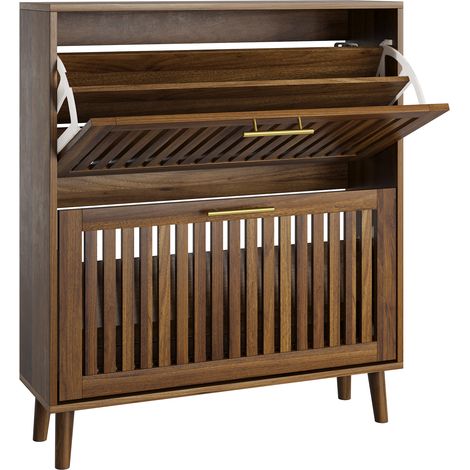 Meuble à chaussures de 80 cm de large en bois de noyer, meuble à chaussures sur pied au style médiéval-moderne avec deux tiroirs à abattant, adapté aux couloirs et aux entrées, 1 pièce (1/5)