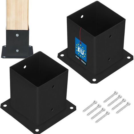 Base de poteau en bois vissée sur béton – Acier noir – 121x121 mm – 2 pièces – Fixation rapide avec trous pré-percés