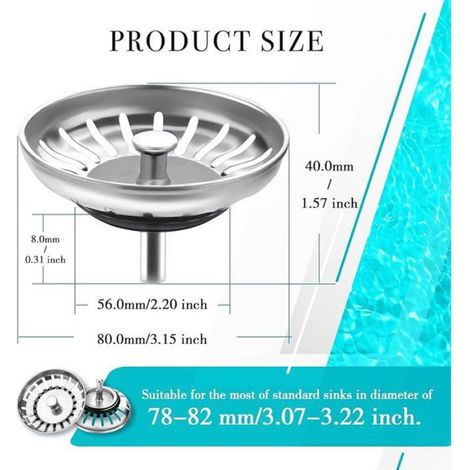 Filtre Evier - Bouchon Evier Acier Inoxydable - Diamètre 8 cm - Cuisine Salle De Bain Balcon - 3 Pièces (1/5)