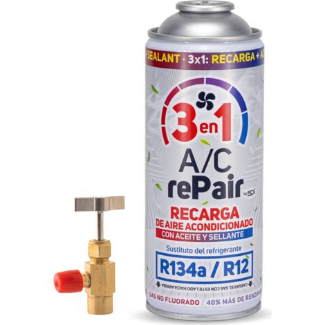 Recarga Aire Acondicionado 3 En 1  Sustituto Ecológico R134a Y R12  Gas Refrigerante + Sellante + Lubricante 200gr Con llave
