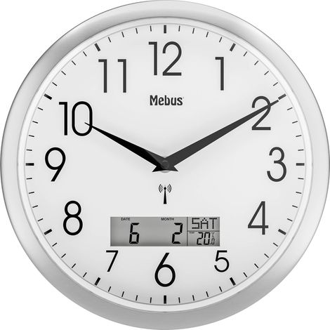 Horloge murale radiopilotée 19422 – Ø 30 cm x 30 mm – Affichage numérique avec température intérieure – Design argent – Mebus (1/5)