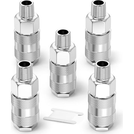 5 Pièces - Raccord Rapide - Coupleur D'air - Filetage 3/8 BSP Mâle - Fer Nickelé Résistant - Pour Compresseur Et Outils Pneumatiques - Argenté - 3/8 Pouces (1/5)
