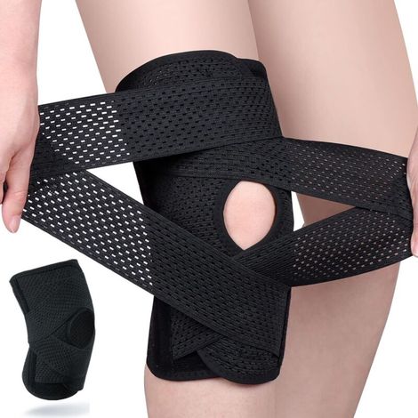 Genouillère avec stabilisateurs latéraux, genouillère de compression professionnelle, genouillère réglable, soulagement de la douleur du ménisque déchirure du LCA blessures d'arthrite (noir, L) (1/5)